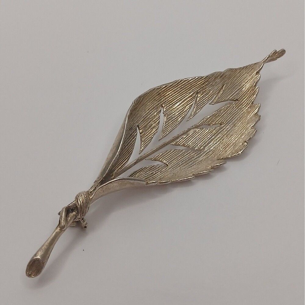 Vintage Sterling Silver Leaf Brooch Pin Open Cutwork 2.75" Marked Silver Boho